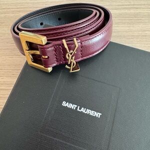 Saint Laurent Burgundy Leather Belt with Gold Buckle